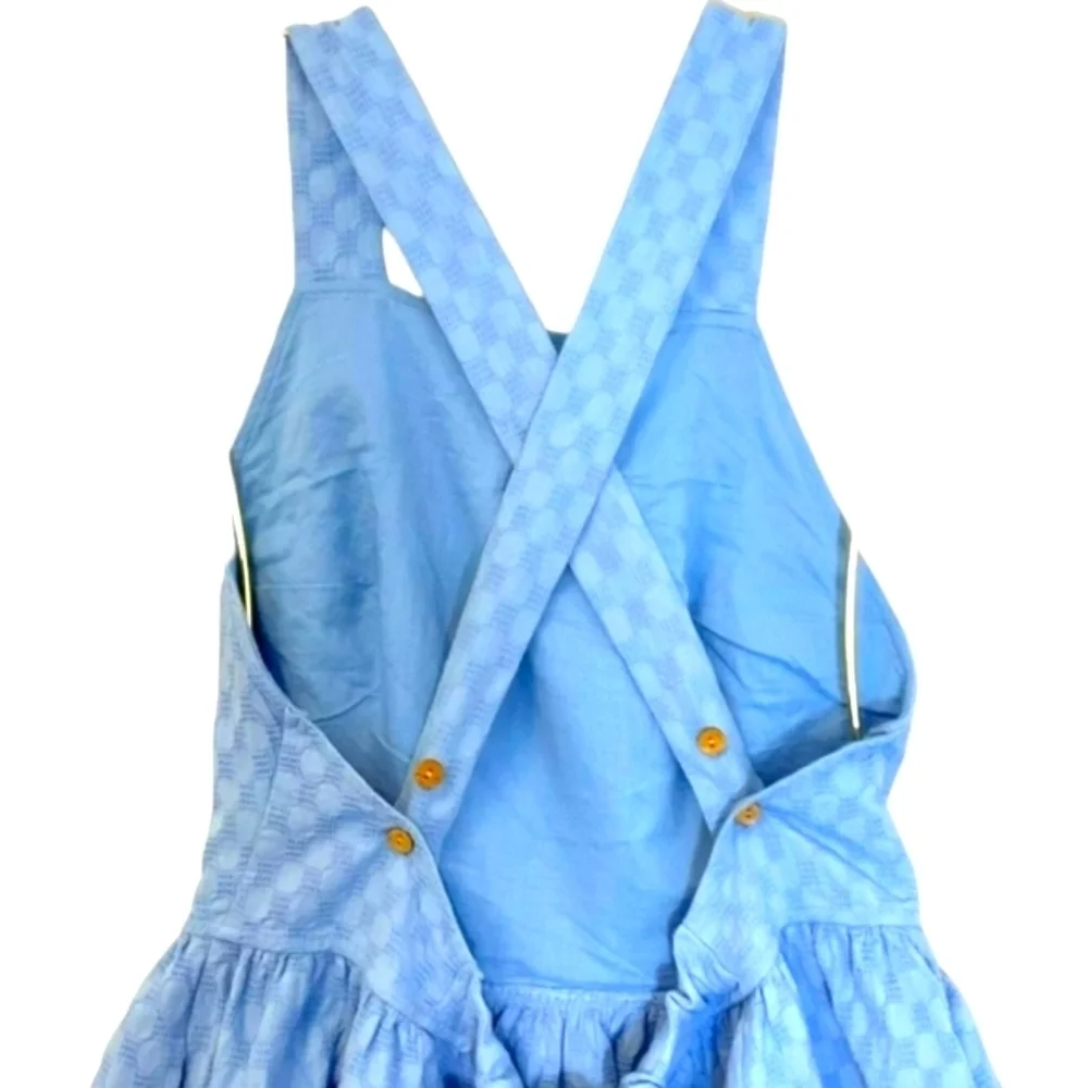 FREE PEOPLE VaVa Volume Mini Dress Blue Egret Jacquard Criss-Cross Strap XS NWOT - Picture 8 of 13
